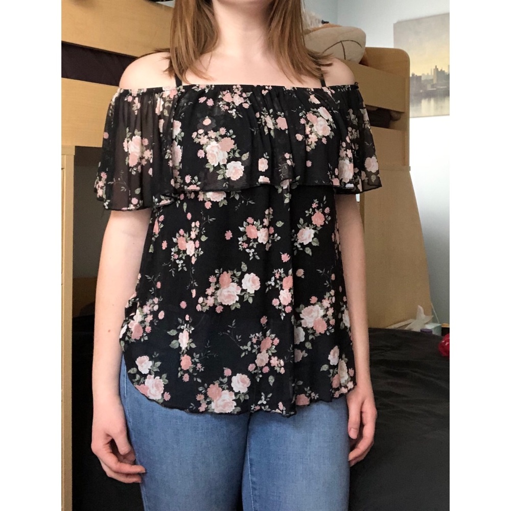 Off-the-shoulder black floral blouse